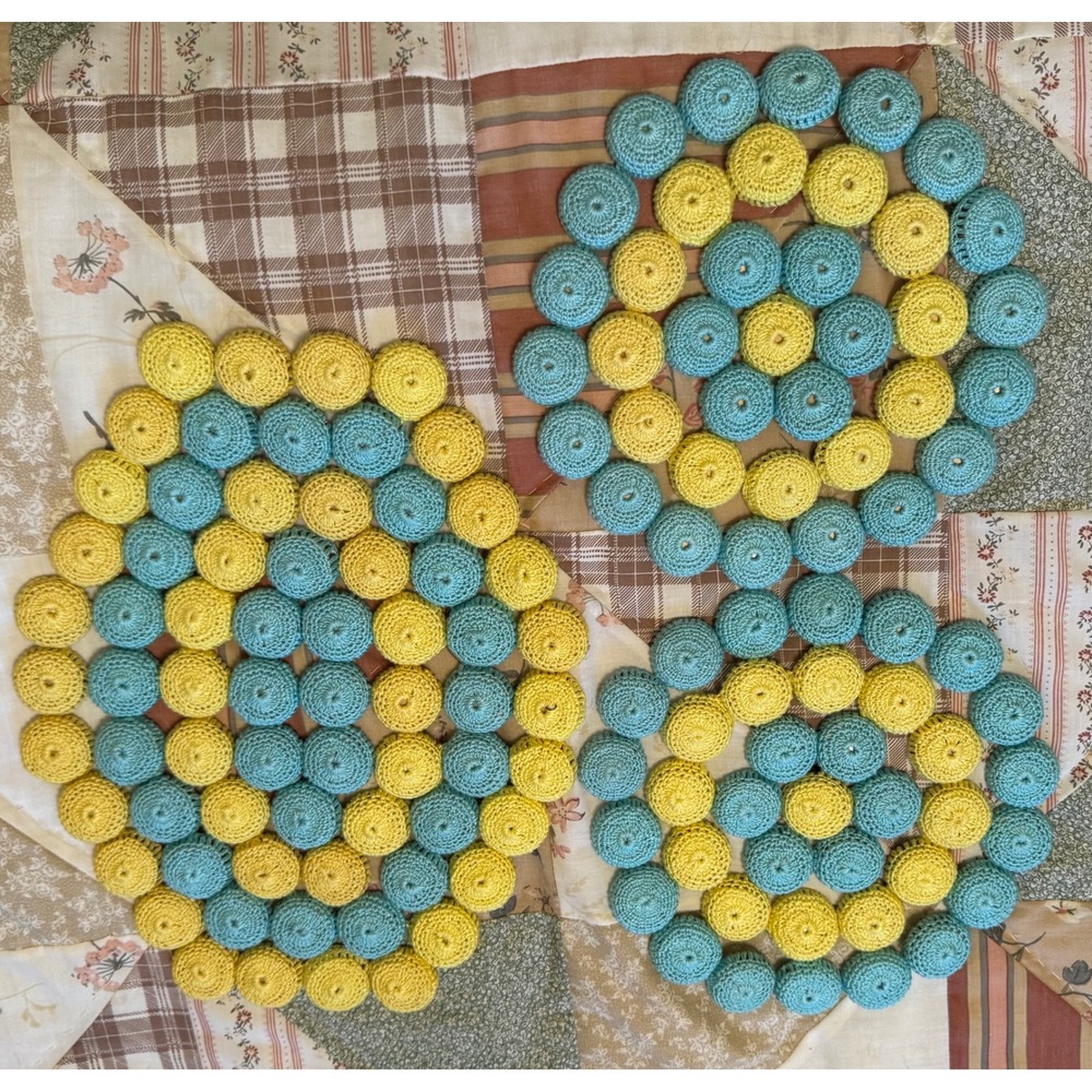 Vintage 3 Hand Crocheted Blue Yellow Oval Round Bottle Cap Hot Pad